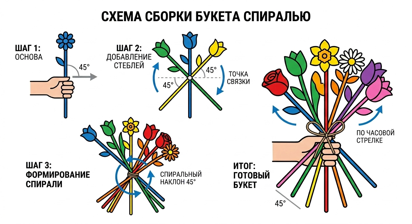 Схема спиральной сборки букета с пересечением стеблей в одной точке