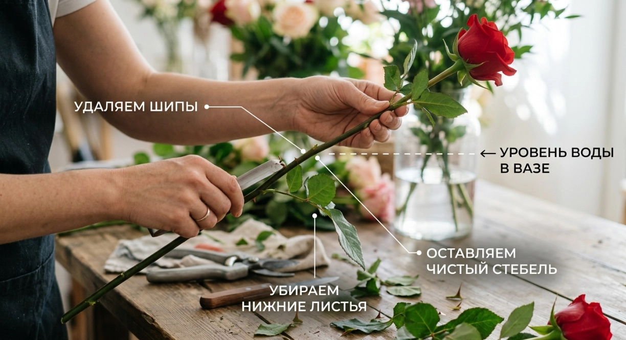 Пошаговая инструкция по удалению шипов и листьев с розы с подписи и линией уровеня воды в вазе